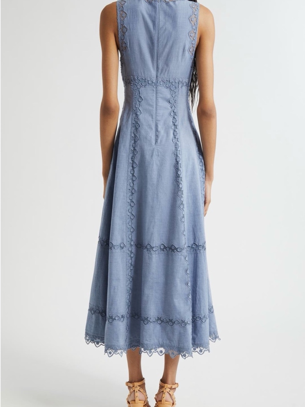 Ulla Johnson Anela Chambray Sleeveless Midi Dress with Lace Insets - Picture 2 of 7